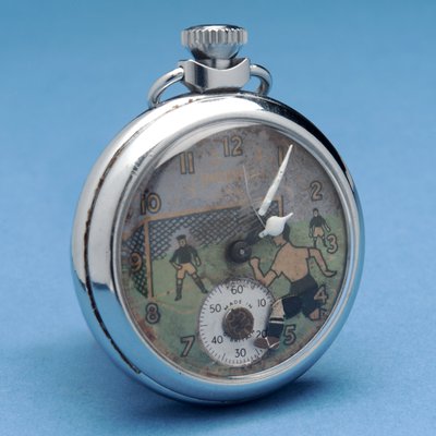 Pocket watch with a pictorial face depicting a footballer (metal) by English School