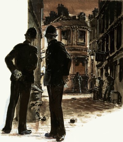 Policemen patrol the slums of Glasgow by English School