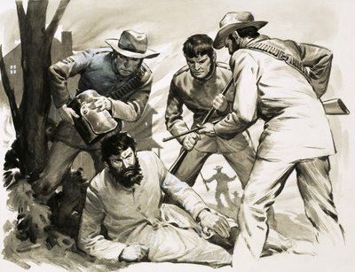 Policemen wrench the helmet from the notorious Ned Kelly by English School