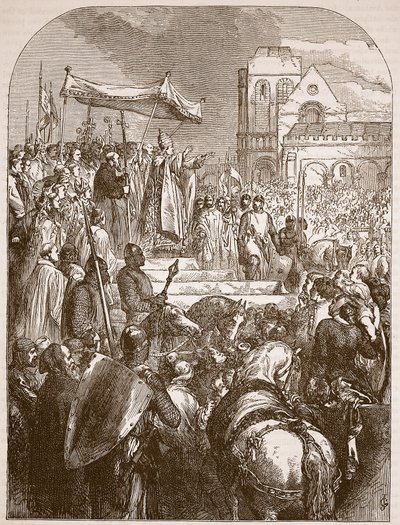 Pope Urban II preaching the First Crusade in the marketplace of Clermont, 1096 (Illustration from Cassell
