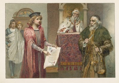 Portia, Shylock and the Judge in The Merchant of Venice by English School