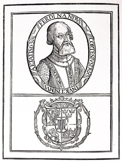Portrait of Hernado Cortes (1485-1547) and his arms by English School