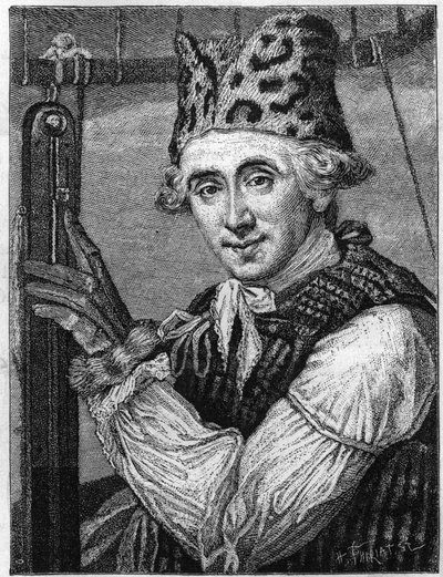 Portrait of John Jeffries (1745-1819), American physicist. He was represented in the aeronautic suit he wore in 1785 when he crossed the Channel in a hot air balloon. (From an English engraving, published in 1786). (Tissandier Collection). Engraving in La  by English School
