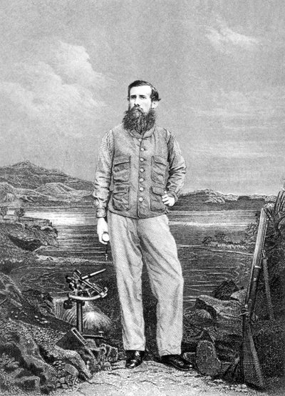 Portrait of John Speke (1827-64) in front of Lake Victoria, frontispiece to Journal of the Discovery of the Source of the Nile published 1863 by English School