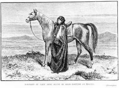 Portrait of Lady Anne Blunt in Arab costume with an Arab horse, frontispiece to her book A Pilgrimage to Nejd, published 1881 by English School