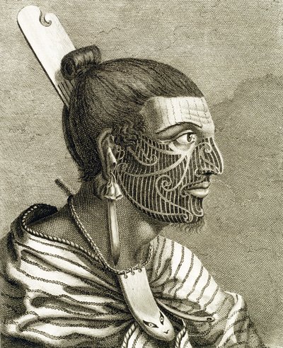 Portrait of Maori Man with Ta Moko Tattoos by English School