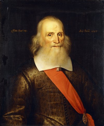 Portrait of Sir Oliver Cromwell, Aged 84, Half Length, in an Embroidered Doublet with a White Collar and Red Sash by English School