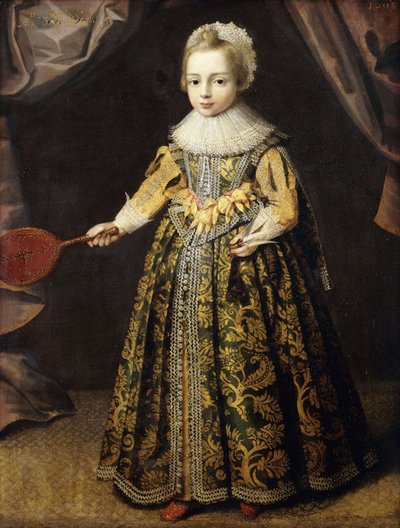 Portrait of a Boy, Aged 3, Standing Full Length in a Green Dress Embroidered with Gold, a Lace Cap and Ruff, Holding a Battledore and Shuttlecock, 1605 by English School