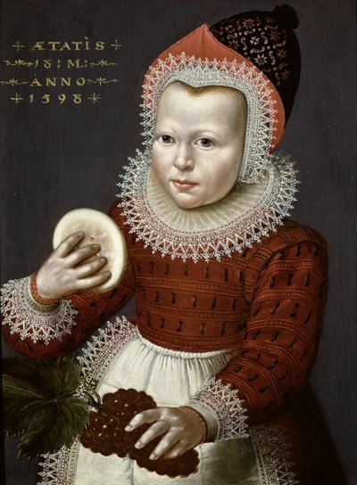 Portrait of a Young Girl Holding Bread and Grapes by English School