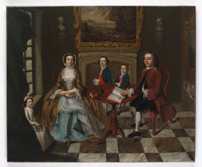 Portrait of a family in an interior, thought to be the Roubel family by English School