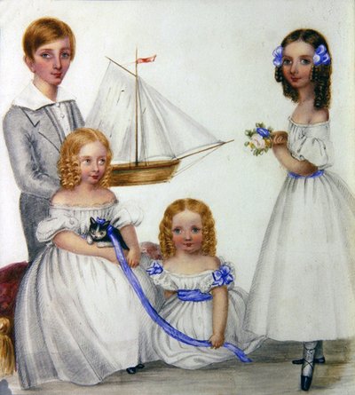 Portrait of four children holding a sailboat and kitten, c.1830 by English School