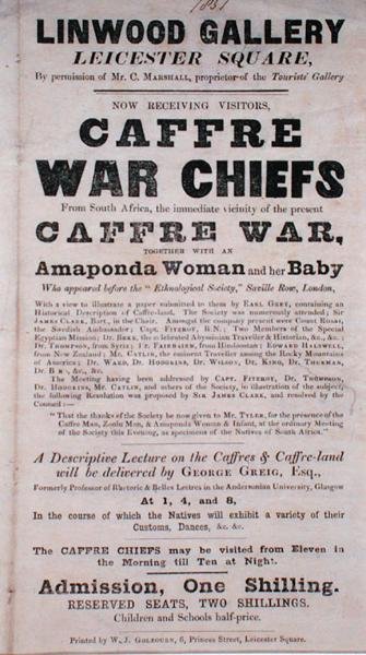 Poster advertising a Lecture about Caffre War Chiefs at the Linwood Gallery by English School