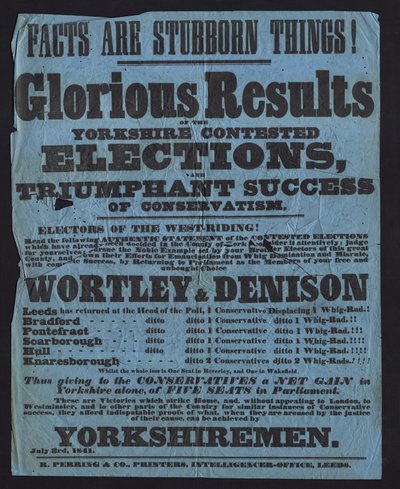 Poster celebrating victory of Conservative candidates in parliamentary elections in Yorkshire by English School