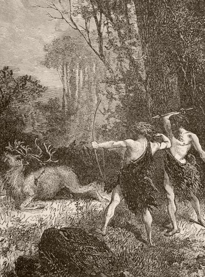 Prehistoric Man Hunting with Bow and Arrow and Spear by English School
