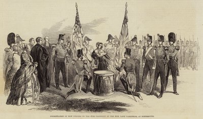 Presentation of New Colours to the 43rd Regiment by the Honourable Lady Pakenham, at Portsmouth (engraving) by English School