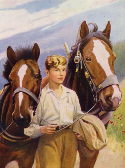 Pretty stable girl with short-cut hair leading two horses by English School