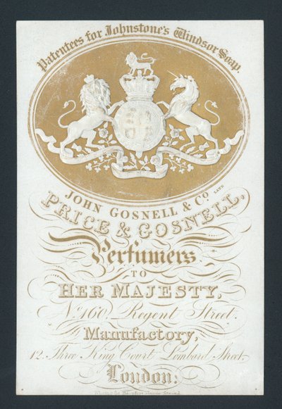 Price and Gosnell, Perfumers to Her Majesty, trade card by English School
