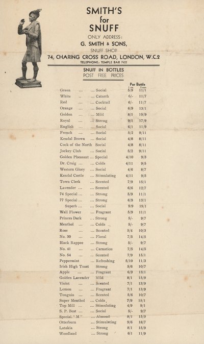 Price list for G Smith & Sons, Snuff Shop by English School