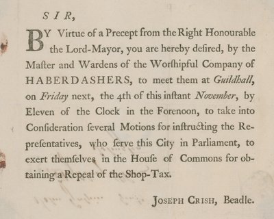 Printed Letter from Joseph Crish, Beadle of Guildhall, London by English School