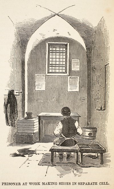 Prisoner at work making shoes in separate cell, illustration from The Criminal Prisons of London and Scenes from Prison Life by Henry Mayhew and John Binny, published 1862 by English School