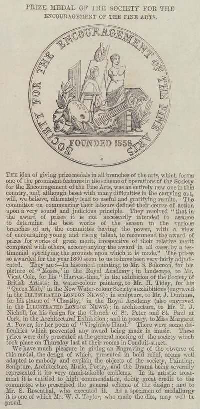 Prize Medal of the Society for the Encouragement of the Fine Arts by English School
