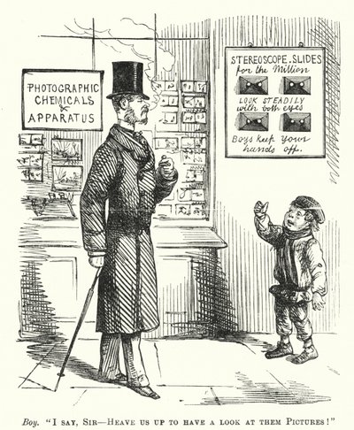 Boy Outside a Photographic Shop Asking to Be Lifted Up So He Can Look at Stereoscopic Slides by English School