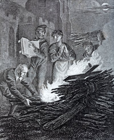Puritan iconoclasts burning a crucifix taken from a church on the road to Norwich, Norfolk by English School