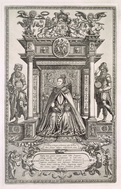Queen Elizabeth I as Patron of Geography and Astronomy, Frontispiece to a Book of Saxon Maps of England, 1579 by English School