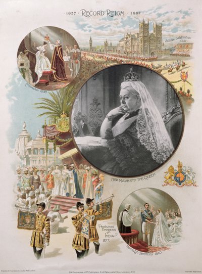 Queen Victoria depicted at the time of her Diamond Jubilee in 1897 together with some of the main events in her life by English School