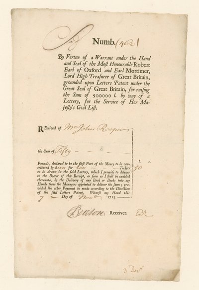 Receipt for Civil List Lottery of 1713 by English School