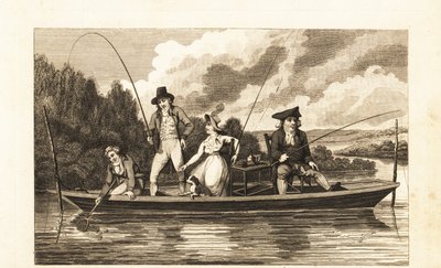 Regency gentlemen and lady fishing on a punt in the River Thames by English School