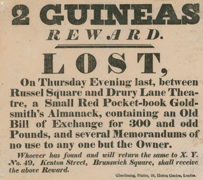 Reward Notice Offering 2 Guineas for the Return of a Small Red Pocket-Book by English School