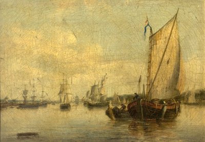 River Scene with Shipping by English School