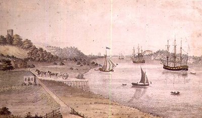 River landscape with shipping and the Dover Coach, c.1800 by English School