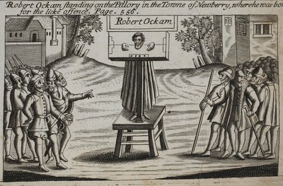 Robert Ockam standing on the pillory in the town of Newberry, where he was born, illustration from Acts and Monuments by John Foxe, ninth edition, published 1684 by English School