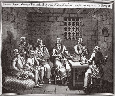 Robert Smith, George Tankerfield and their fellow prisoners, conferring together in Newgate, illustration from Foxe