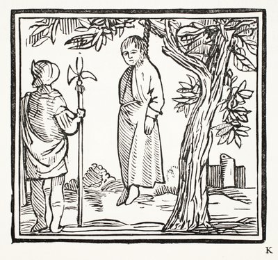 Robert hangs himself, illustration from Chap-books of the Eighteenth Century by John Ashton, pub. 1882 by English School