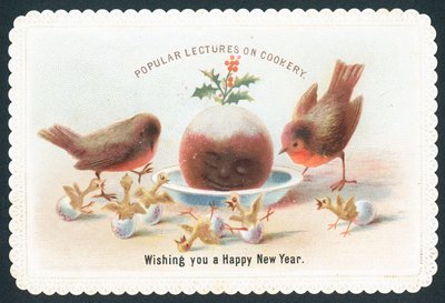 Robins and chicks looking at smiling plum pudding by English School
