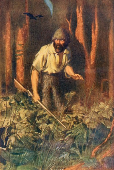 Robinson Crusoe alone on the island, illustration from 