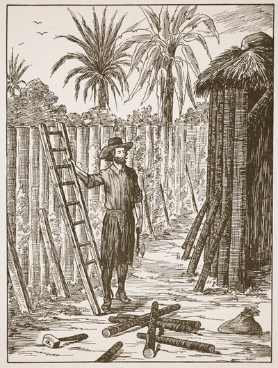 Robinson Crusoe building his bower, illustration from The Story of Robinson Crusoe: An adaptation for children following Defoe