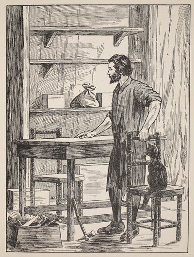 Robinson Crusoe building table and chairs for his cave, illustration from The Story of Robinson Crusoe: An adaptation for children following Defoe