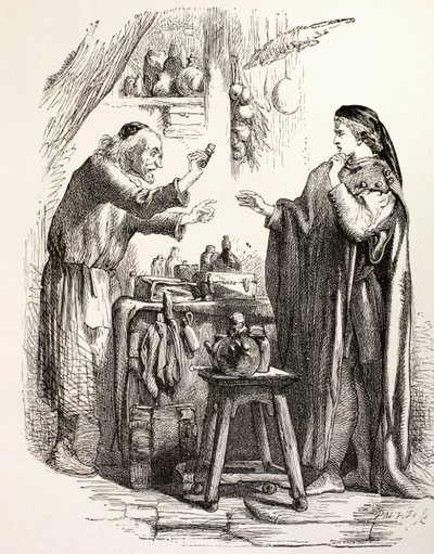 Romeo buys poison from the apothecary, illustration from Romeo and Juliet, from 