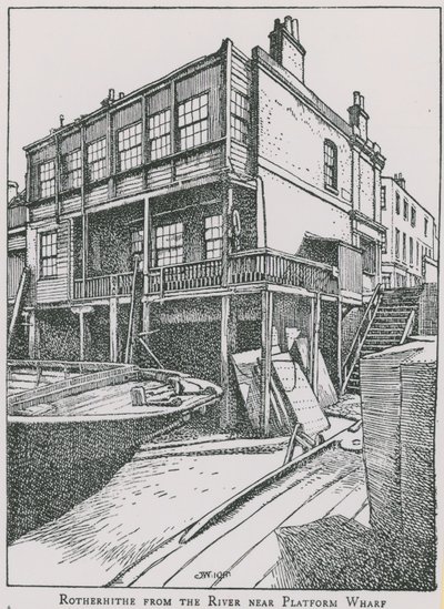 Rotherhithe from the River Thames near Platform Wharf; The Angel by English School