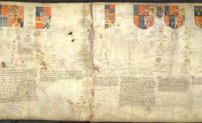 Rous Roll, f. 7cr: Left to right: Edward, Earl of Warwick; Margaret; Anne Neville; Richard III by English School