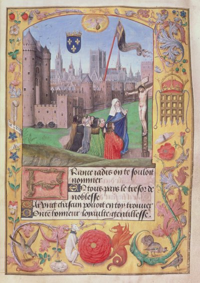 Notre Dame, Paris showing the arms empaled, the Virgin below protects nine figures kneeling before the Crucifixion, from Poems of Charles, Duke of Orleans, c.1500 by English School