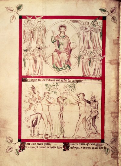 God in a Mandorla Surrounded by Musician Angels, Temptation of Eve (from the Queen Mary Psalter, c.1310-20) by English School