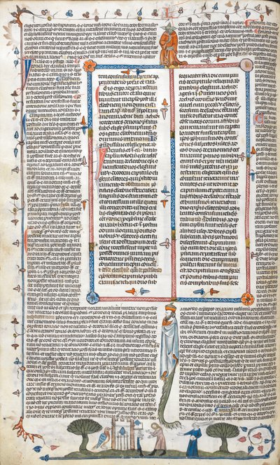 Text and bas-de-page scene of a man and a woman outside a building, from 