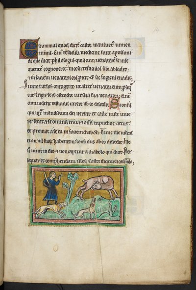 A wolf with blood coming out of its mouth, and a hunter with dogs, from the Rochester Bestiary by English School