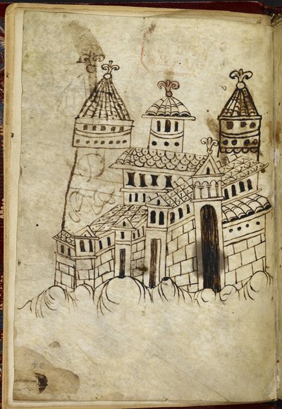 Romanesque building with three towers by English School