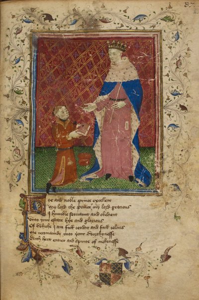Thomas Hoccleve kneeling in the act of offering his book to King Henry V, illustration from 